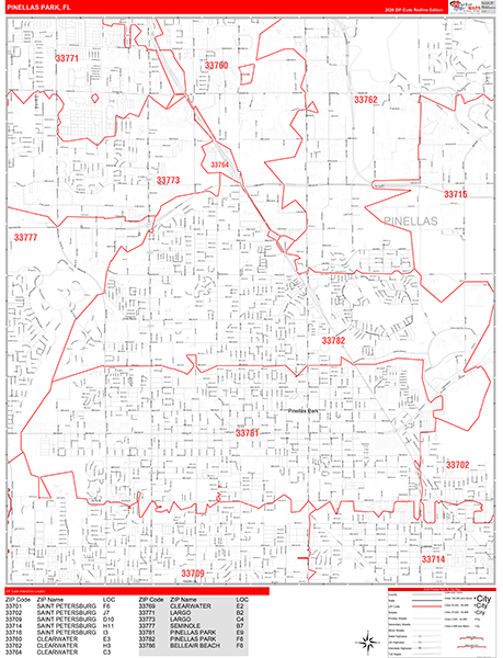 Pinellas Park City Wall Map Red Line Style